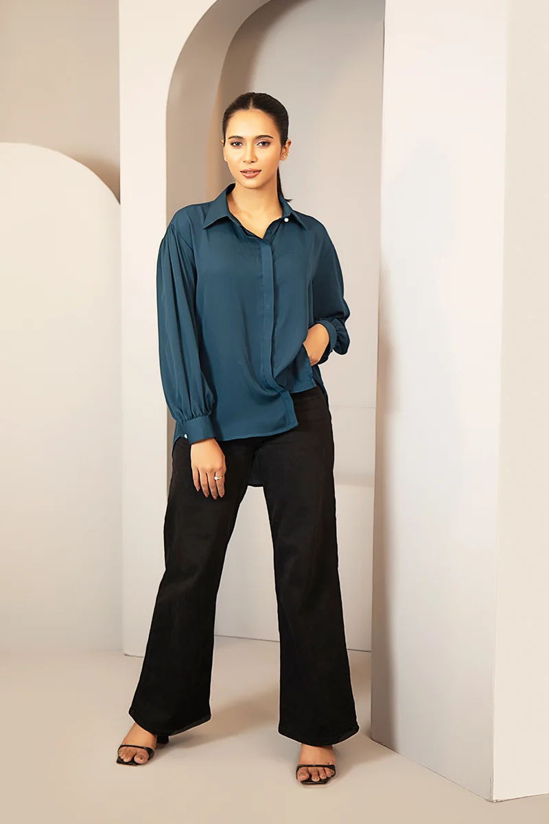Sea Blue Cherry georgette Shirt Women